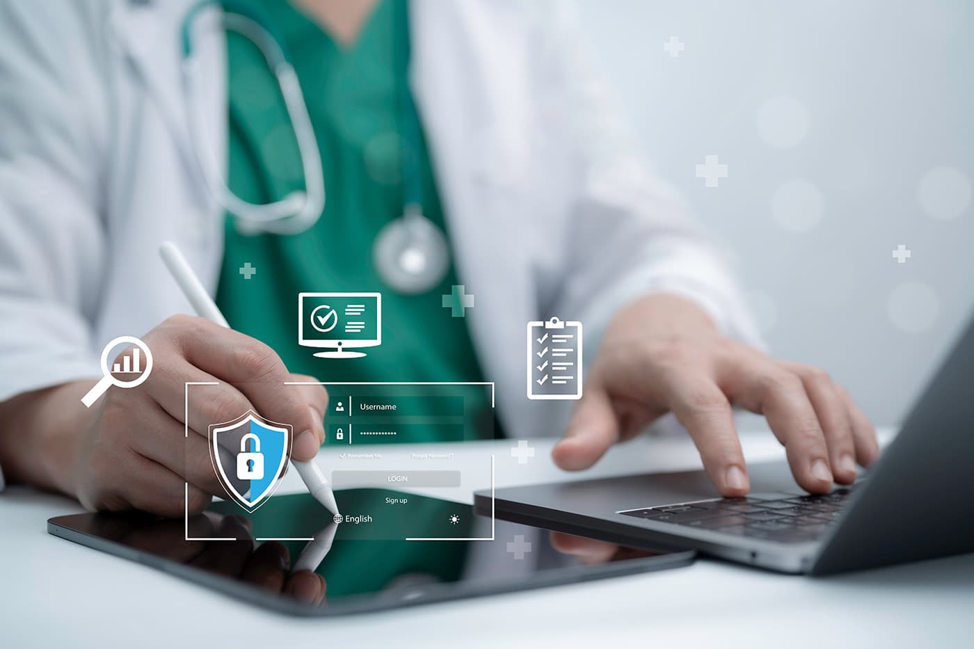 A doctor using a stylus on a tablet, with overlaid digital icons representing security, health records, and data access